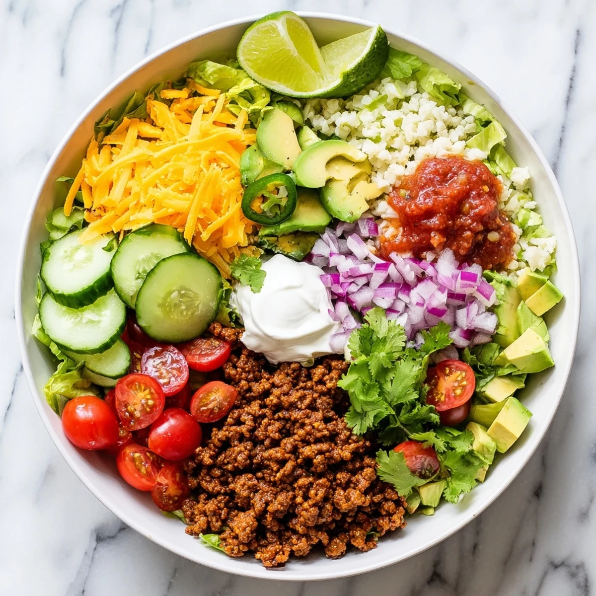 A close-up of a low carb burrito bowl with seasoned ground beef, crisp lettuce, diced avocado, and fresh cilantro.