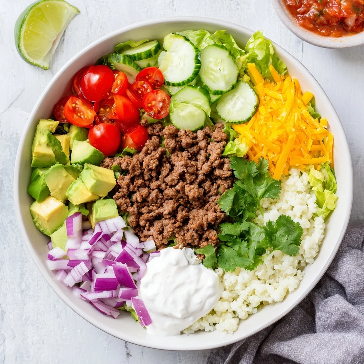 This low carb burrito bowl features juicy seasoned meat, cherry tomatoes, cucumber, shredded cheddar cheese, and a dollop of sour cream.