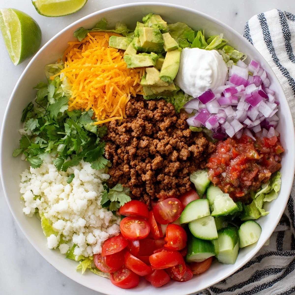 Vibrant low carb burrito bowl served with lime wedges, salsa, and a side of cauliflower rice on a wooden table.