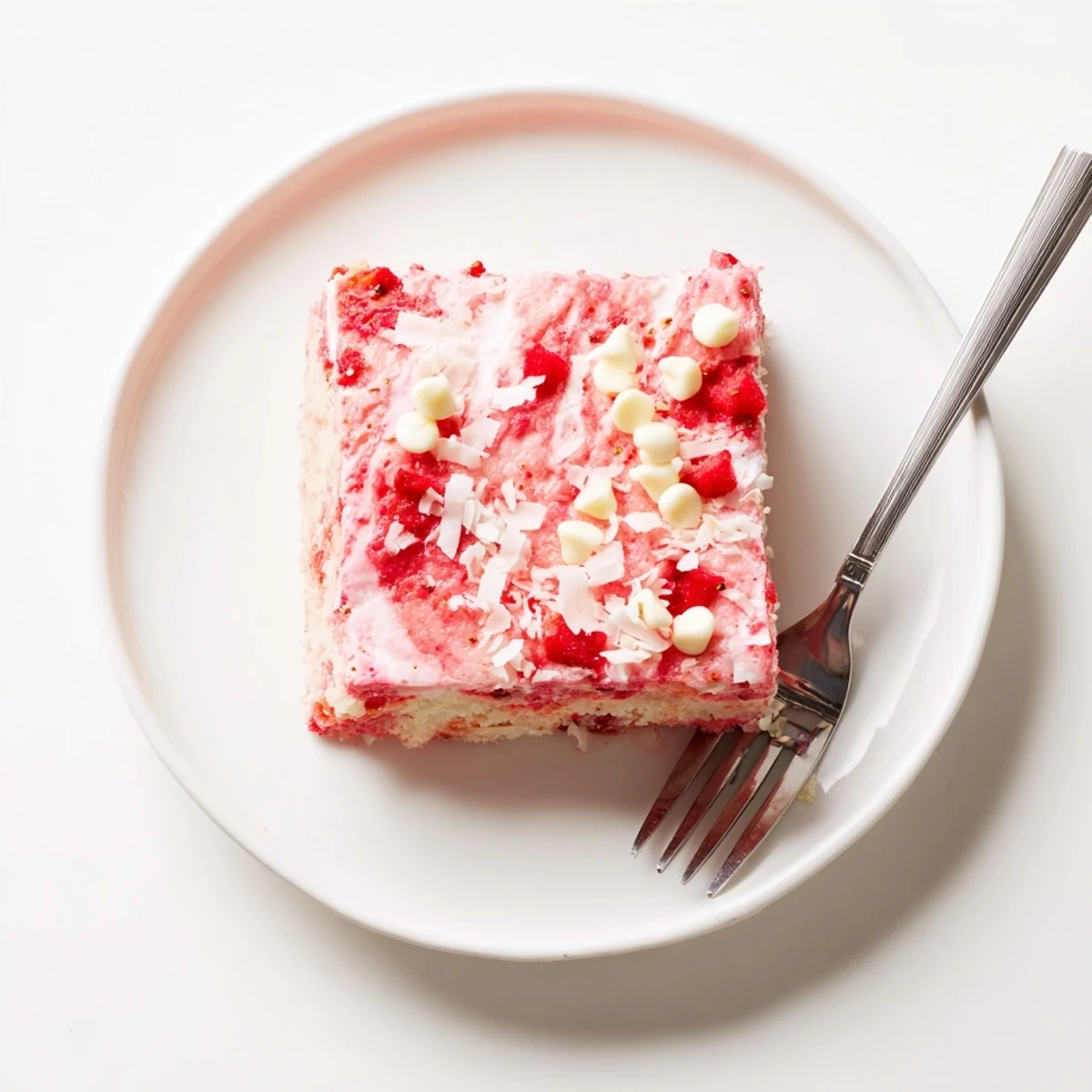 A slice of warm Strawberry Earthquake Cake reveals creamy cheesecake swirls and juicy berry pockets on a moist cake base.