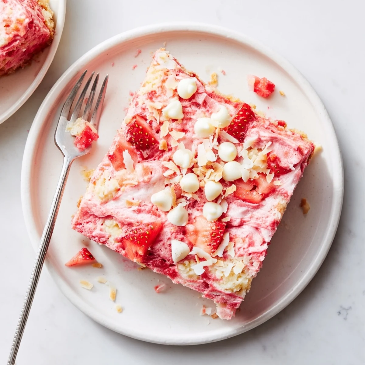 Served on a dessert plate, Strawberry Earthquake Cake pairs perfectly with vanilla ice cream and a dollop of whipped cream.