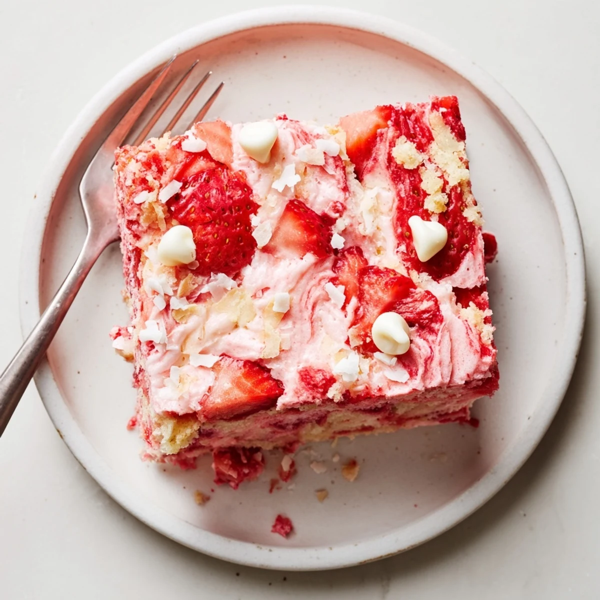 In a 9x13 pan, this Strawberry Earthquake Cake showcases a cracked, gooey center with melted white chocolate and diced strawberries.