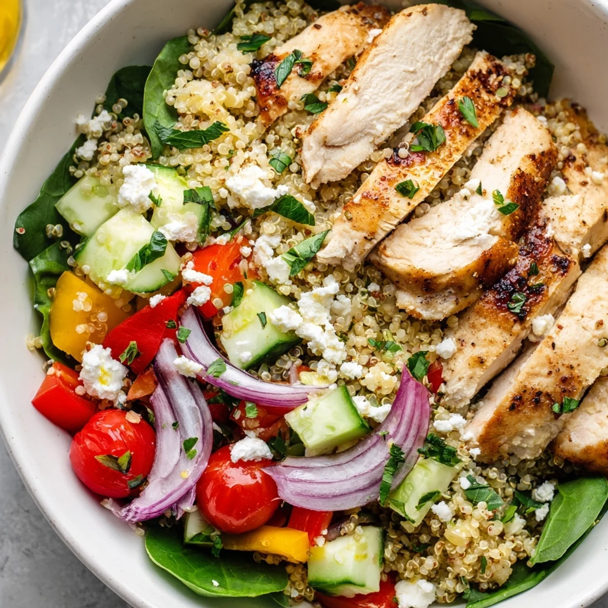 Tender sliced chicken breast rests on fluffy quinoa with cherry tomatoes and cucumbers in this Easy High-Protein Chicken & Quinoa Bowl.
