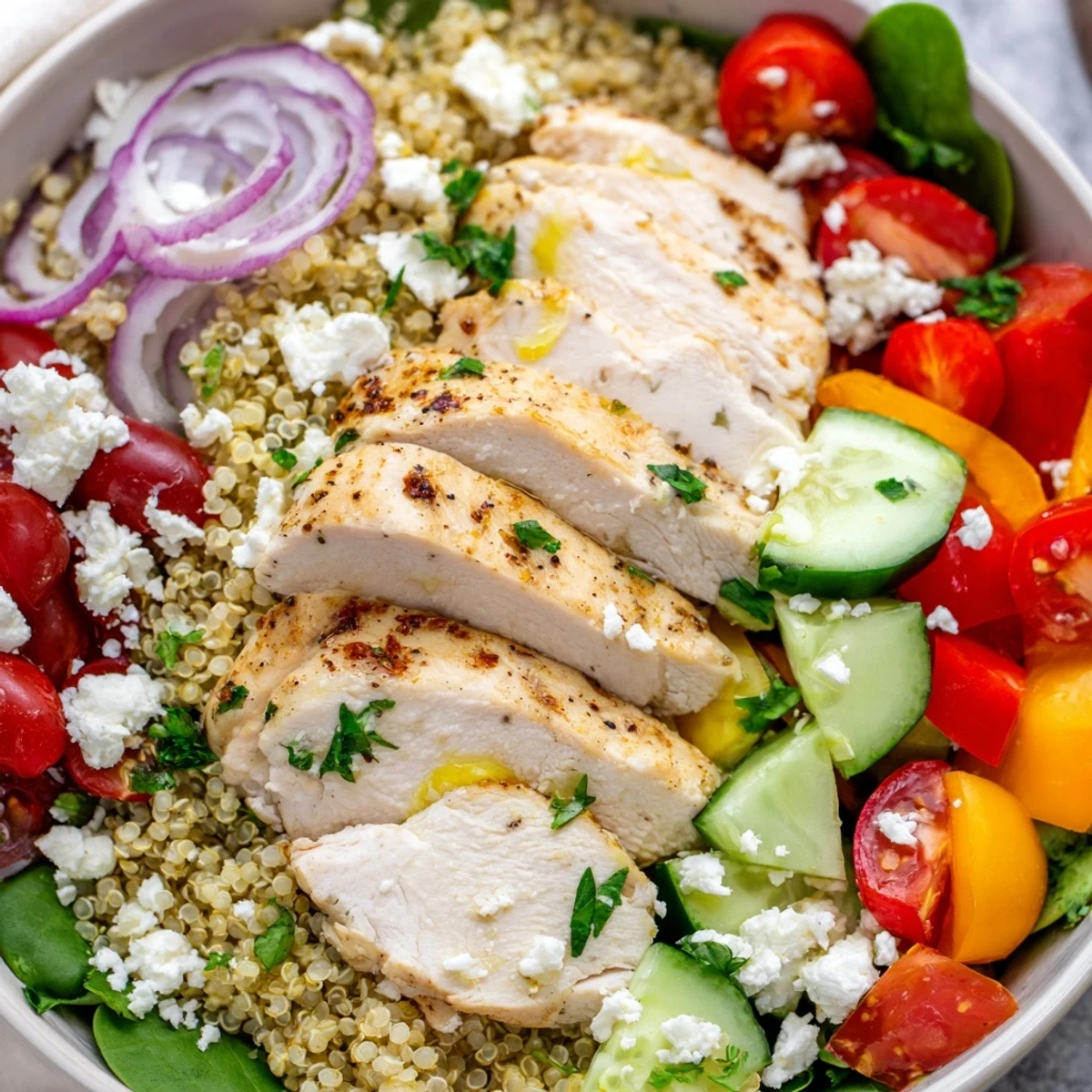 Colorful red bell peppers and fresh baby spinach top the vibrant Easy High-Protein Chicken & Quinoa Bowl, ready for a nutritious meal prep lunch.