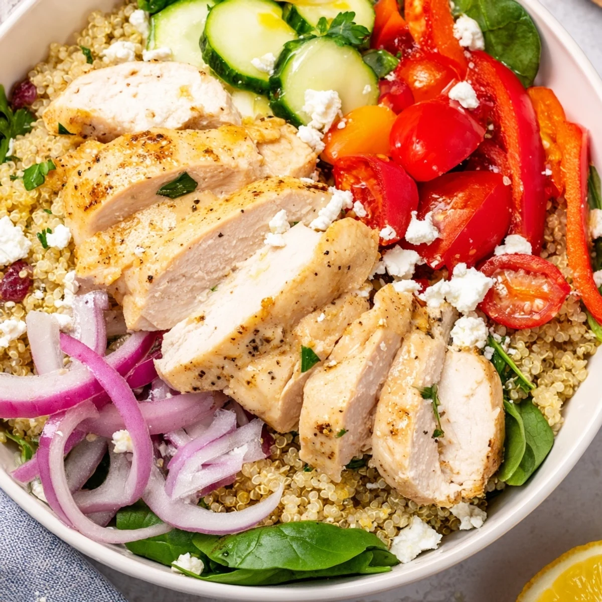 Juicy herb-seasoned chicken, fluffed quinoa, and crumbled feta create a satisfying Easy High-Protein Chicken & Quinoa Bowl drizzled with lemon dressing.