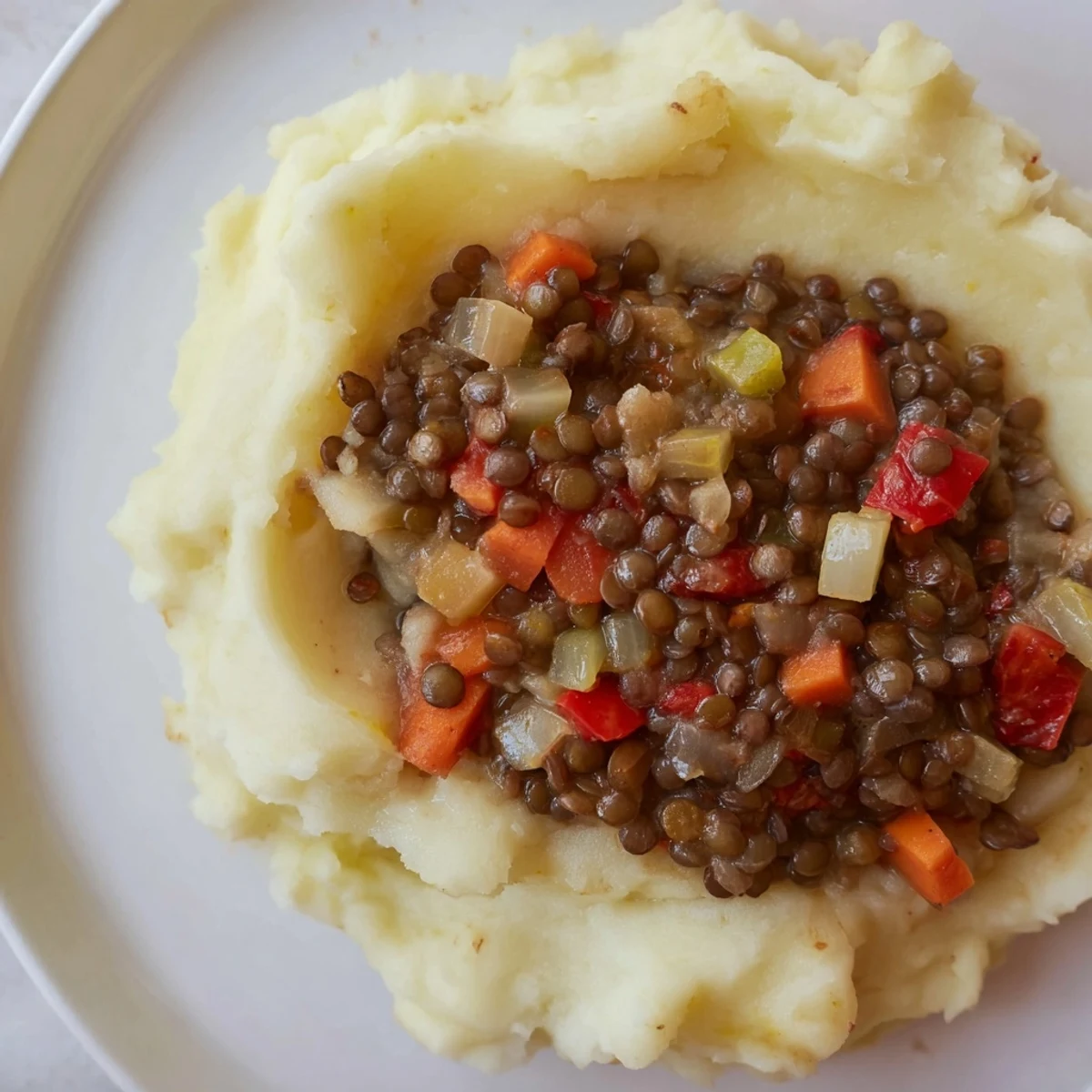Creamy mashed potatoes topped with hearty Lentil Stew Over Creamy Mashed Potatoes, garnished with fresh parsley for a cozy meal.