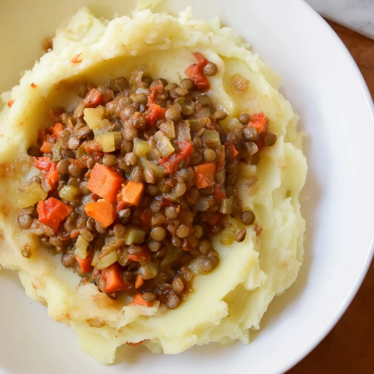 Steam rises from a comforting bowl of Lentil Stew Over Creamy Mashed Potatoes, featuring rich red stew and smooth white potatoes.