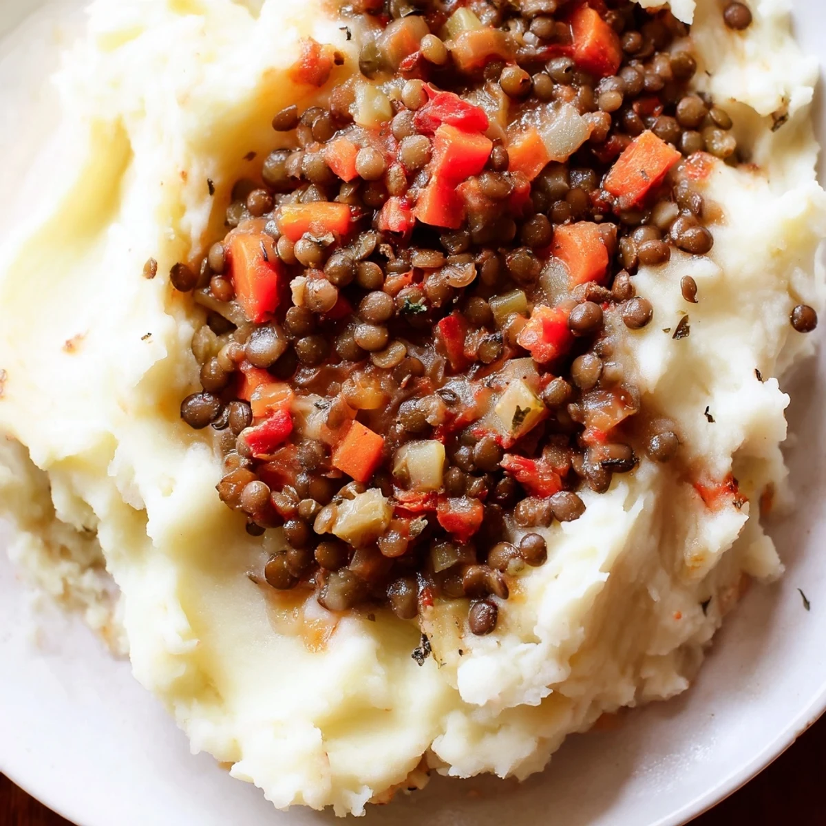 Savory Lentil Stew Over Creamy Mashed Potatoes served in a rustic ceramic bowl, paired with a slice of crusty bread.