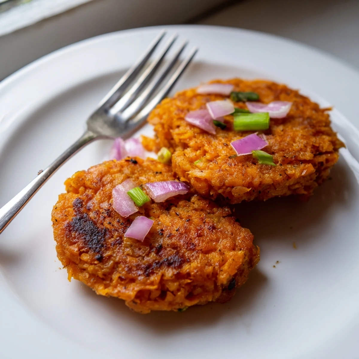 A close-up view shows golden Healthy Sweet Potato Hash Browns paired with sliced avocado and a dollop of Greek yogurt.