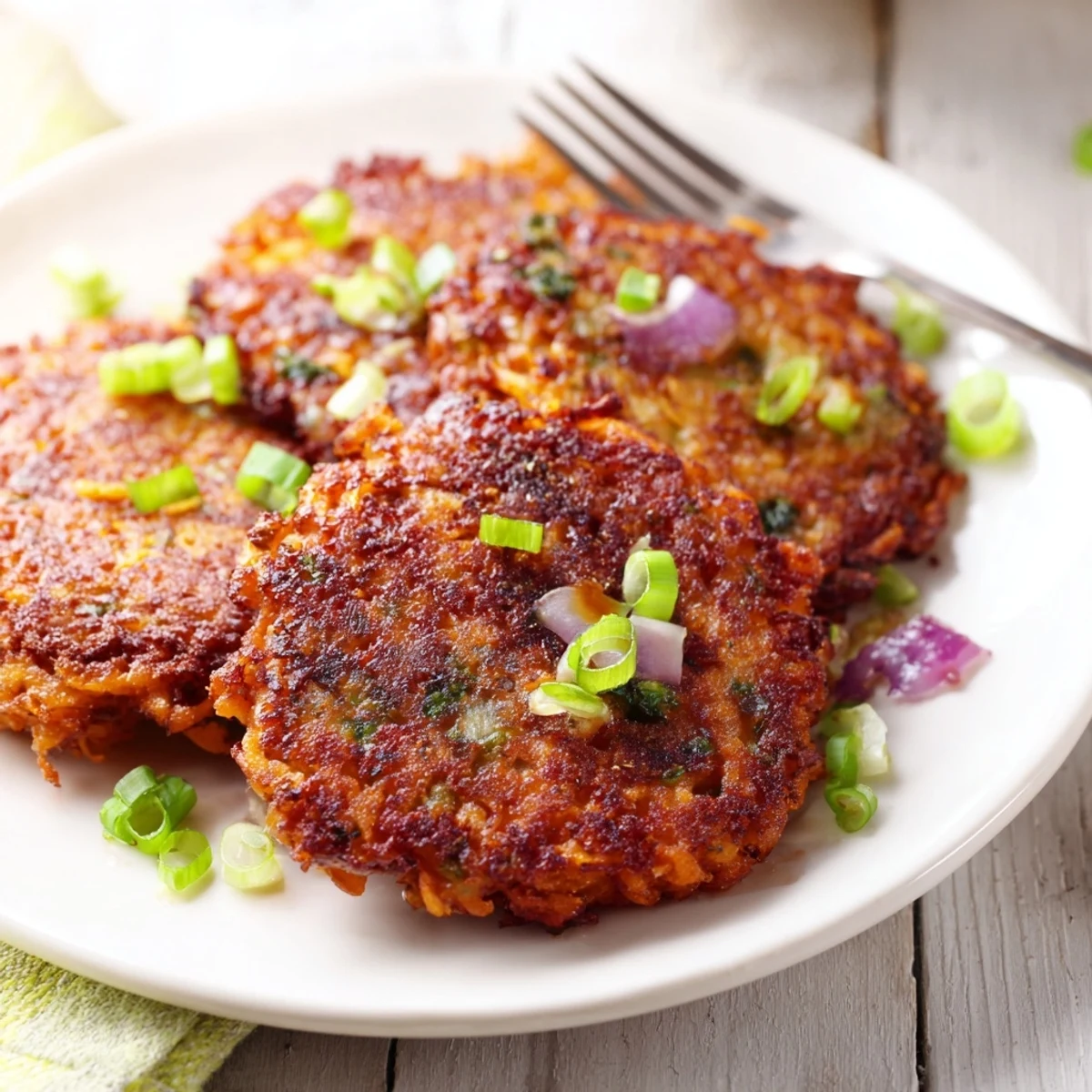 Freshly baked Healthy Sweet Potato Hash browns are served warm on a white plate, garnished with sliced spring onions.