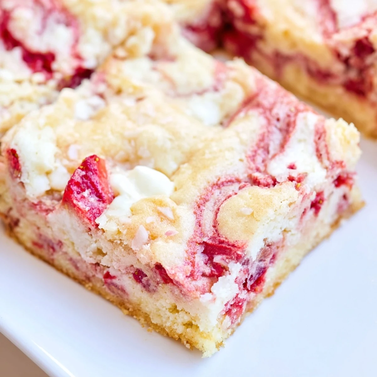 Golden-brown Strawberry Earthquake Cake topped with shredded coconut and melted white chocolate chips sits in a baking pan. 