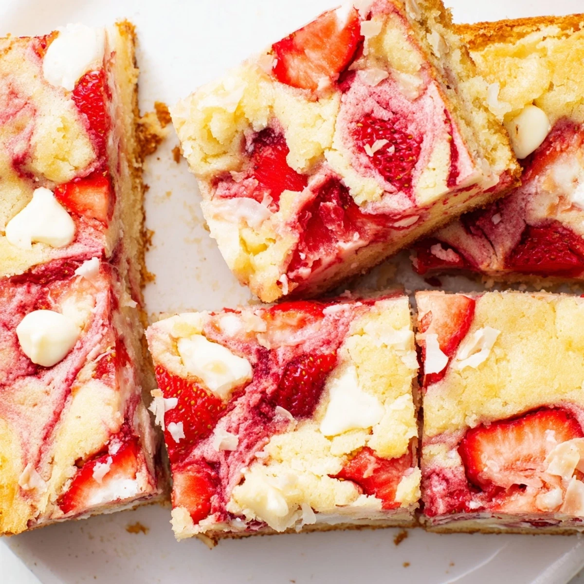 A close-up of Strawberry Earthquake Cake shows gooey strawberry swirls and cream cheese filling on a rustic wooden board.