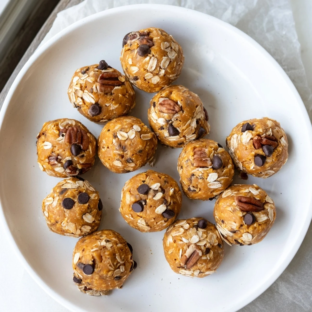 Frosted autumnal No Bake High Protein Pumpkin Bites resting on a rustic wooden board.