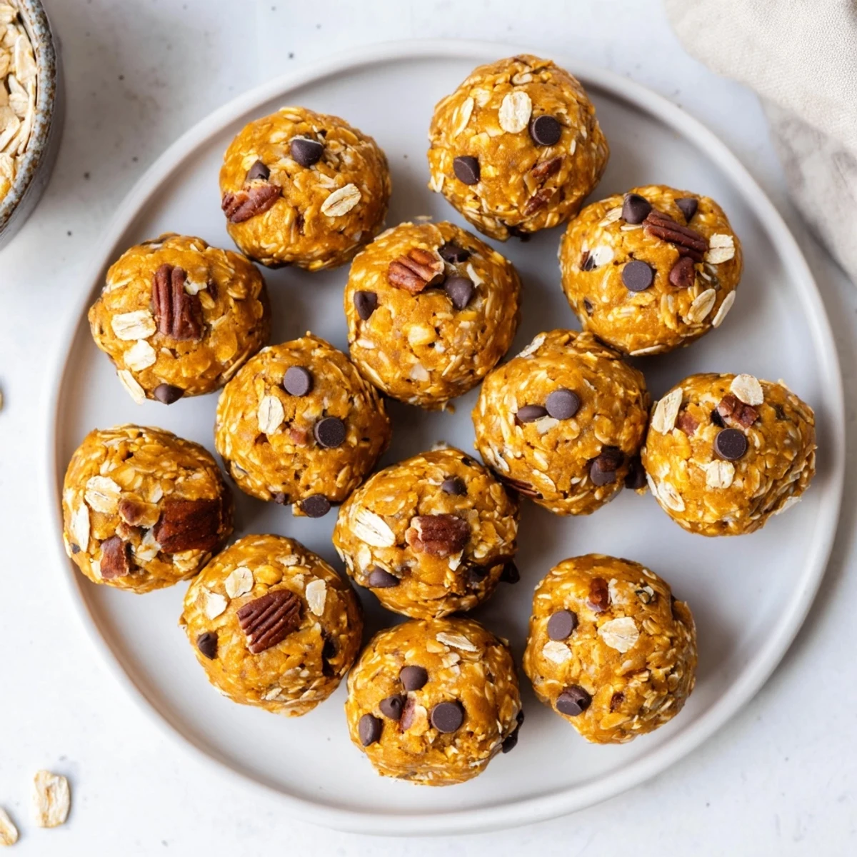A close-up of No Bake High Protein Pumpkin Bites showing a moist, textured interior.