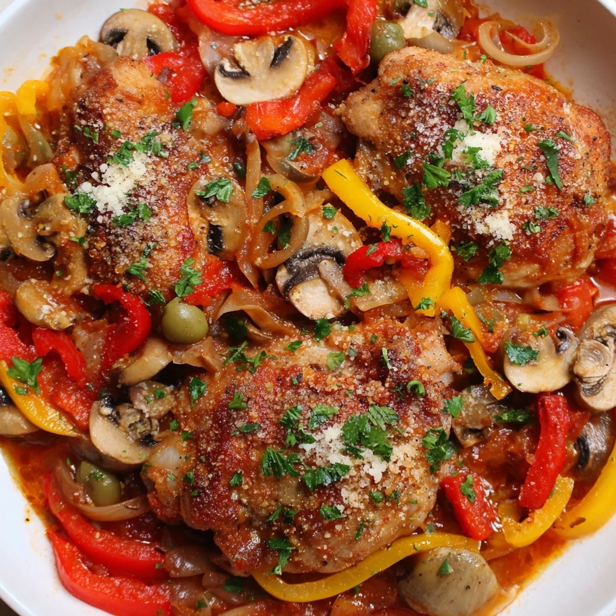 In a rustic ceramic dish, Slow Cooker Chicken Cacciatore is served over creamy polenta, garnished with fresh parsley and olives.