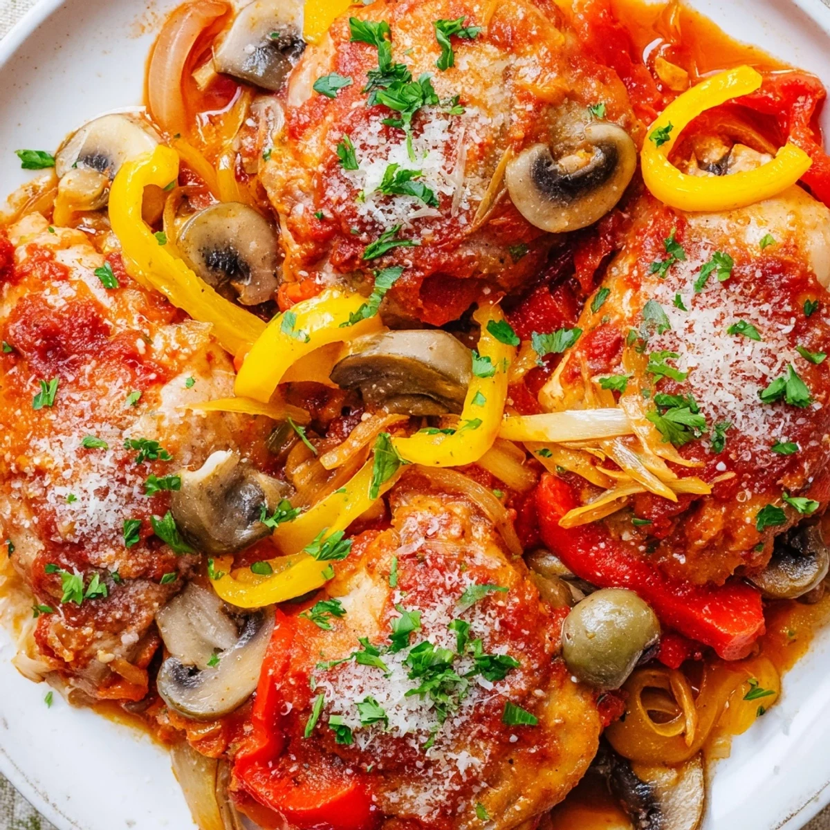 Slow Cooker Chicken Cacciatore features tender chicken thighs in a rich, savory tomato and herb sauce with colorful bell peppers.