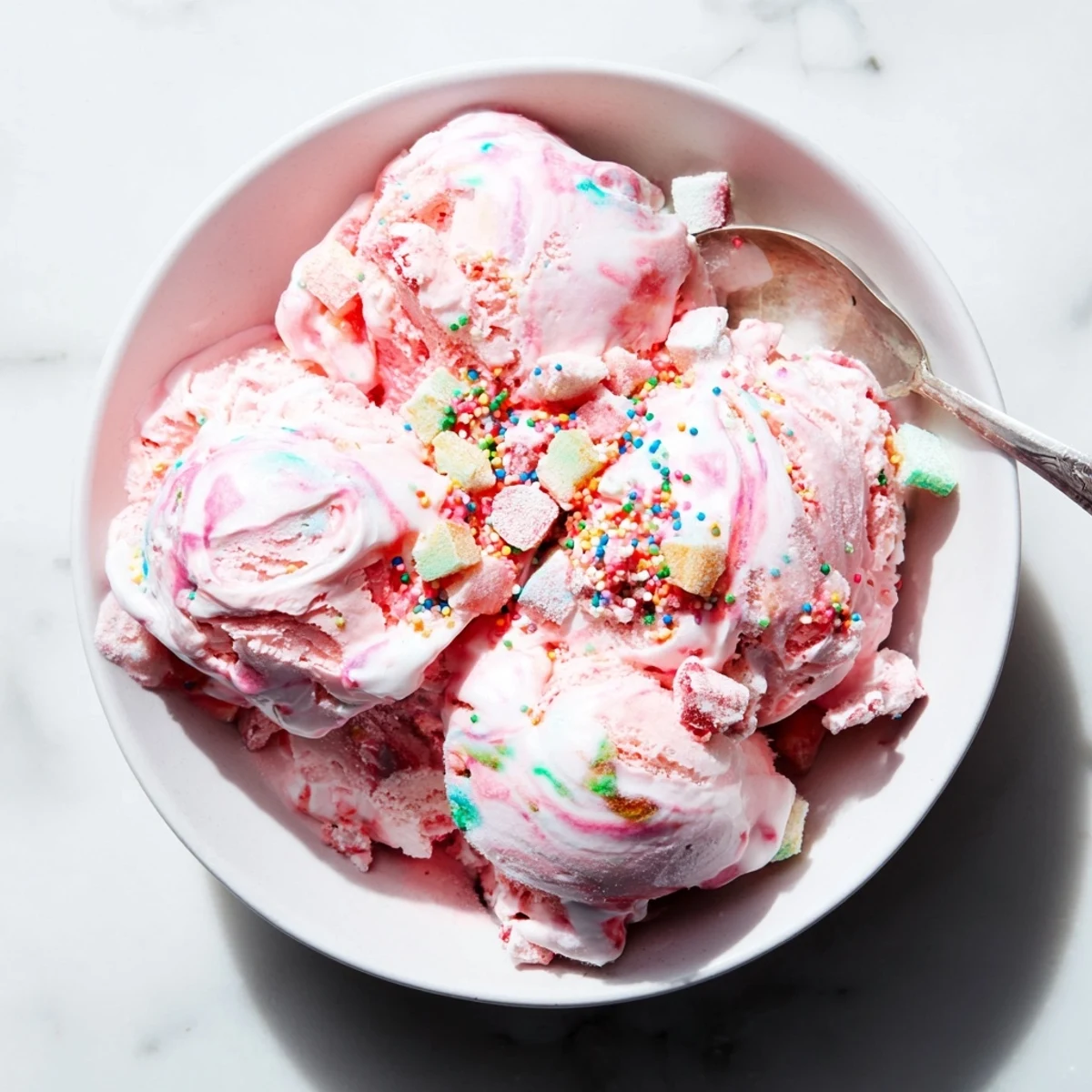 A scoop of creamy No Churn Bubblegum Ice Cream in a pastel pink hue, topped with sprinkles and a candy garnish, ready to serve.