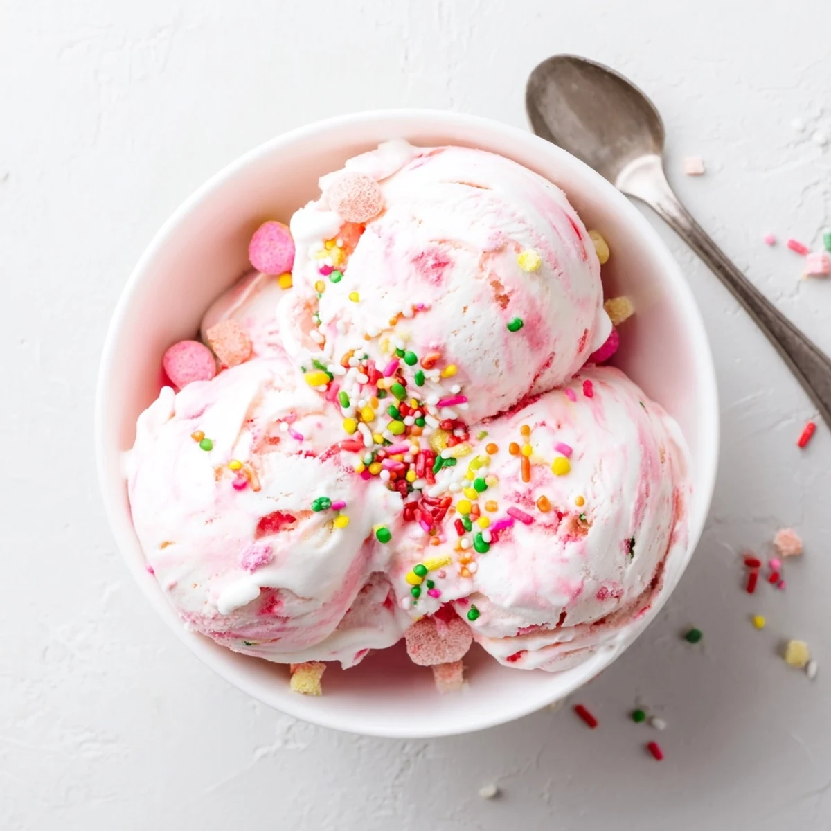 A vibrant bowl of homemade No Churn Bubblegum Ice Cream, featuring a soft swirl of pink and blue colors and sweet candy pieces mixed in.