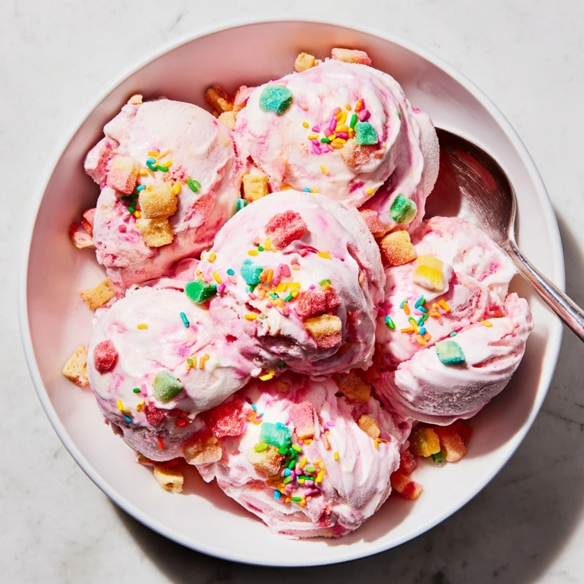 A frozen loaf of No Churn Bubblegum Ice Cream being sliced, revealing a creamy texture with specks of colorful bubblegum candies inside.