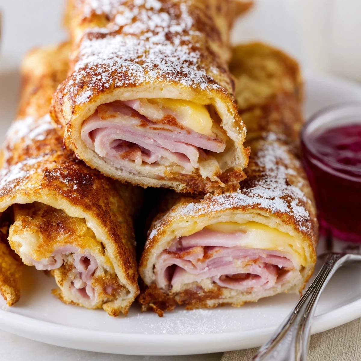 Golden-brown Monte Cristo Roll Ups on a white plate, dusted with powdered sugar and served with raspberry jam for dipping.