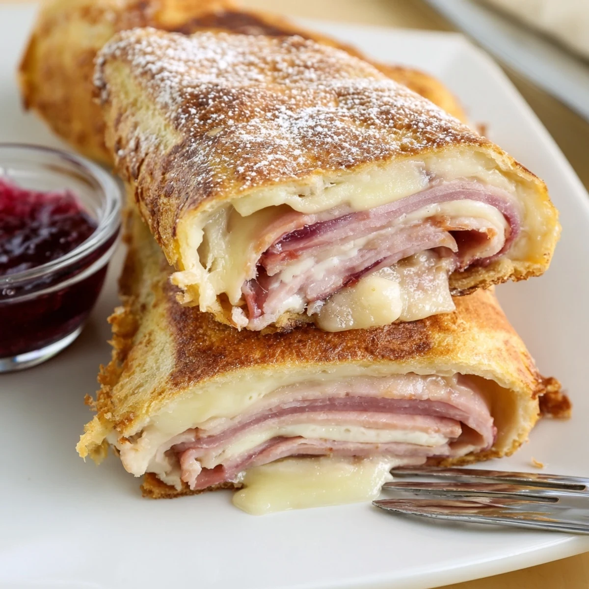 Homemade Monte Cristo Roll Ups fresh from the pan, wrapped in egg-coated bread and ready for a brunch plate.