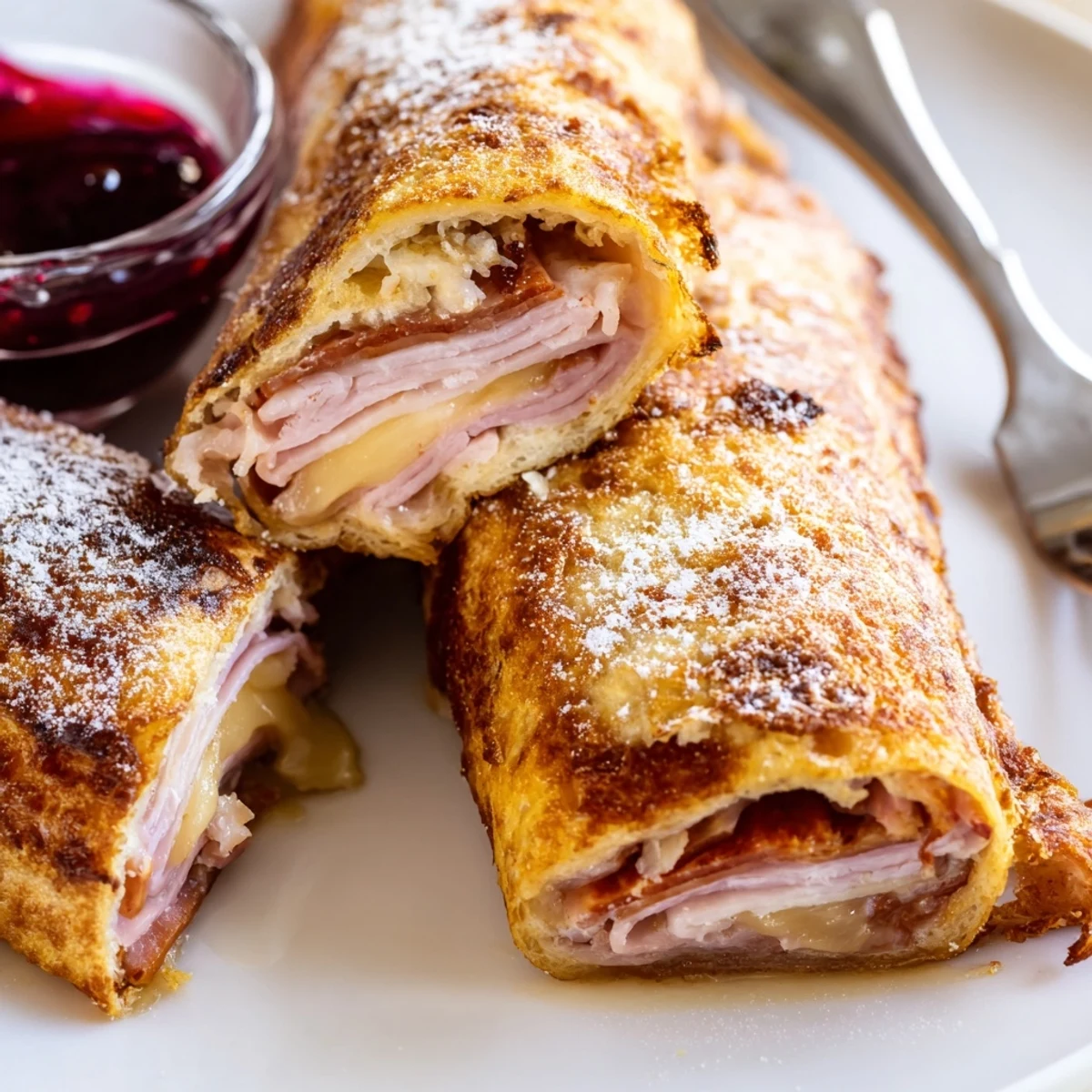 Monte Cristo Roll Ups sliced open to reveal layers of ham, turkey, and melted Swiss cheese on fluffy bread.