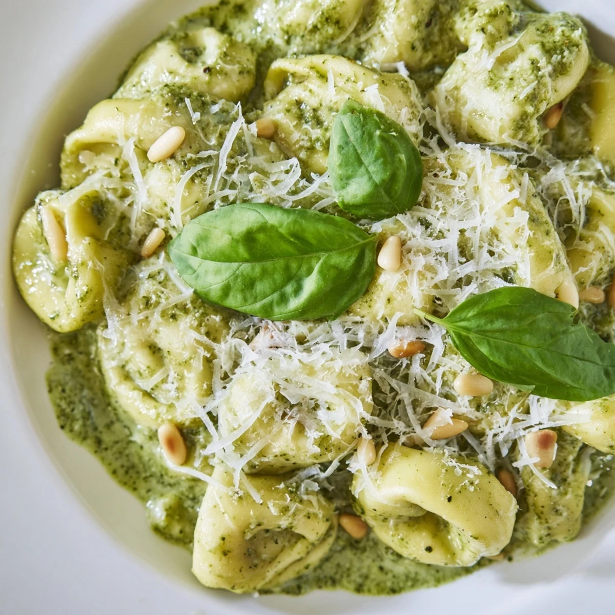 Golden cheese tortellini glistening in creamy Alfredo pesto sauce, garnished with fresh basil.
