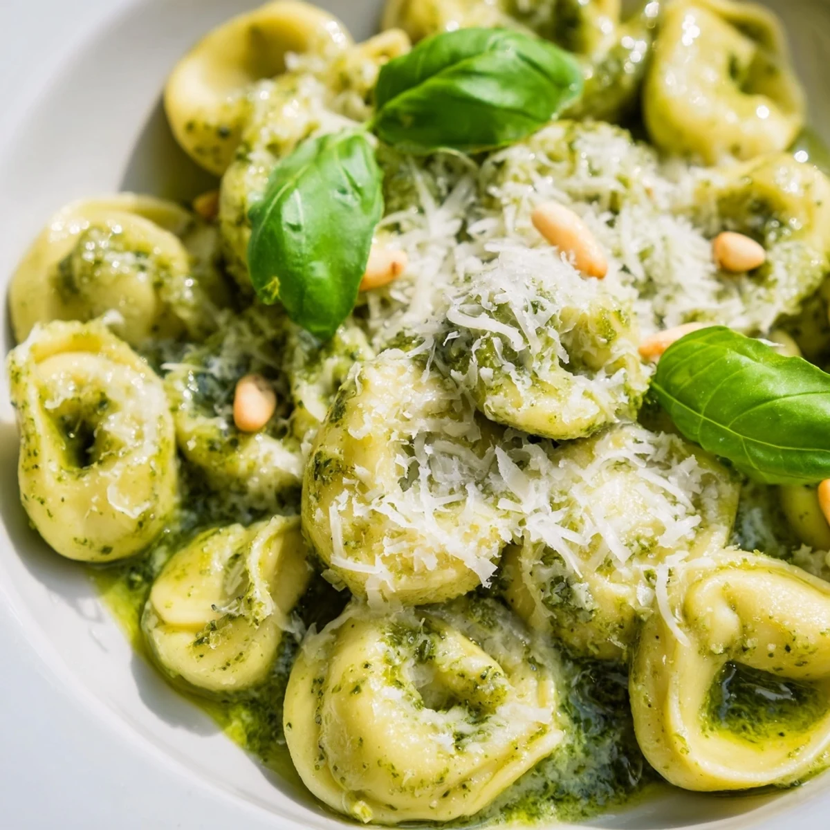Close-up of Pesto Alfredo Tortellini served on a plate with garlic bread on the side.