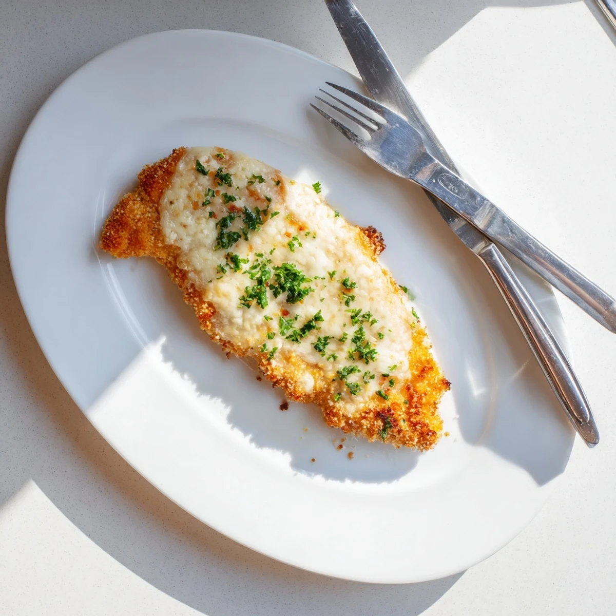 Golden-brown Parmesan Crusted Chicken with creamy ranch spread, served on a plate alongside mashed potatoes and green beans.
