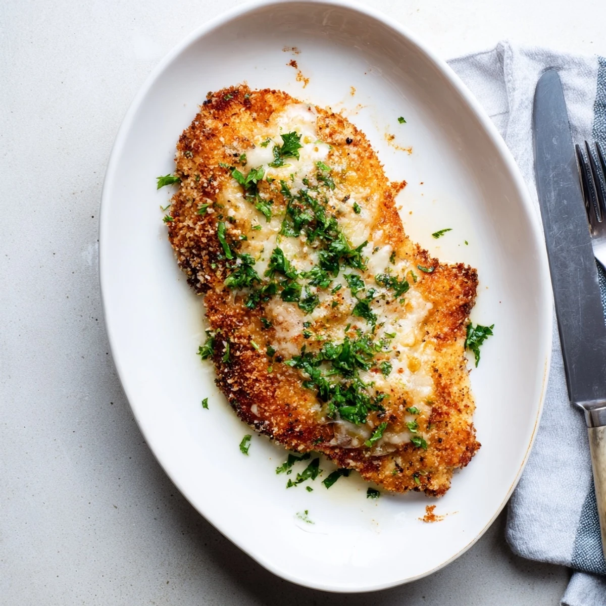 Tender chicken breast finished with a golden, crunchy Parmesan crust and a drizzle of ranch, perfect for a comforting dinner.