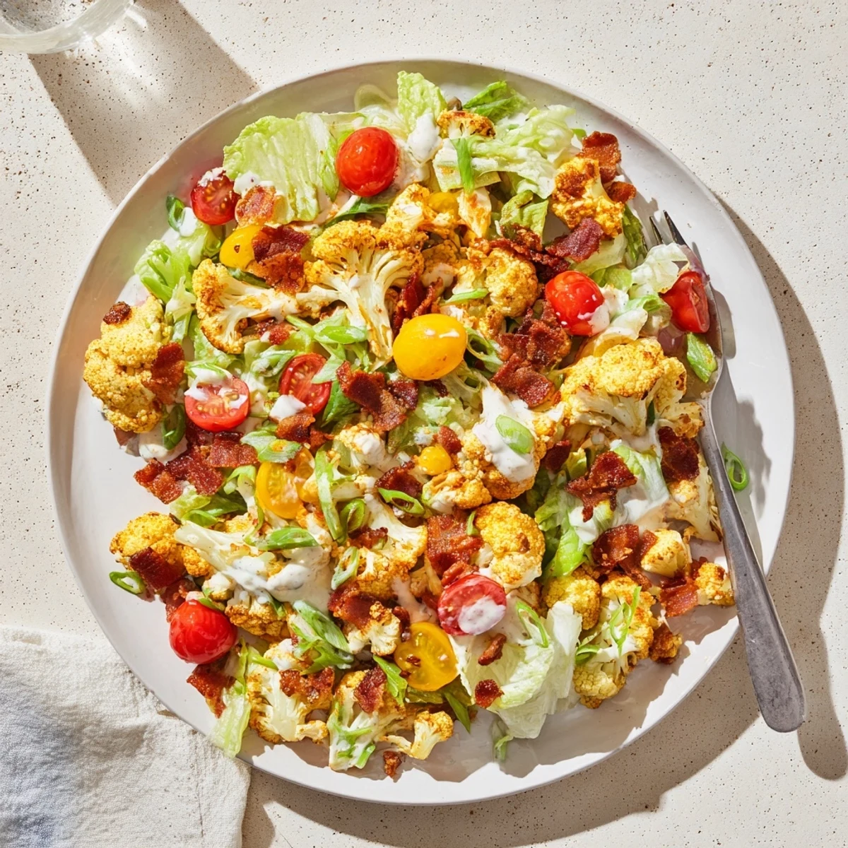 BLT Cauliflower Salad features golden roasted cauliflower, crumbled bacon, and fresh cherry tomatoes in a smoky, tangy dressing served over crisp greens.