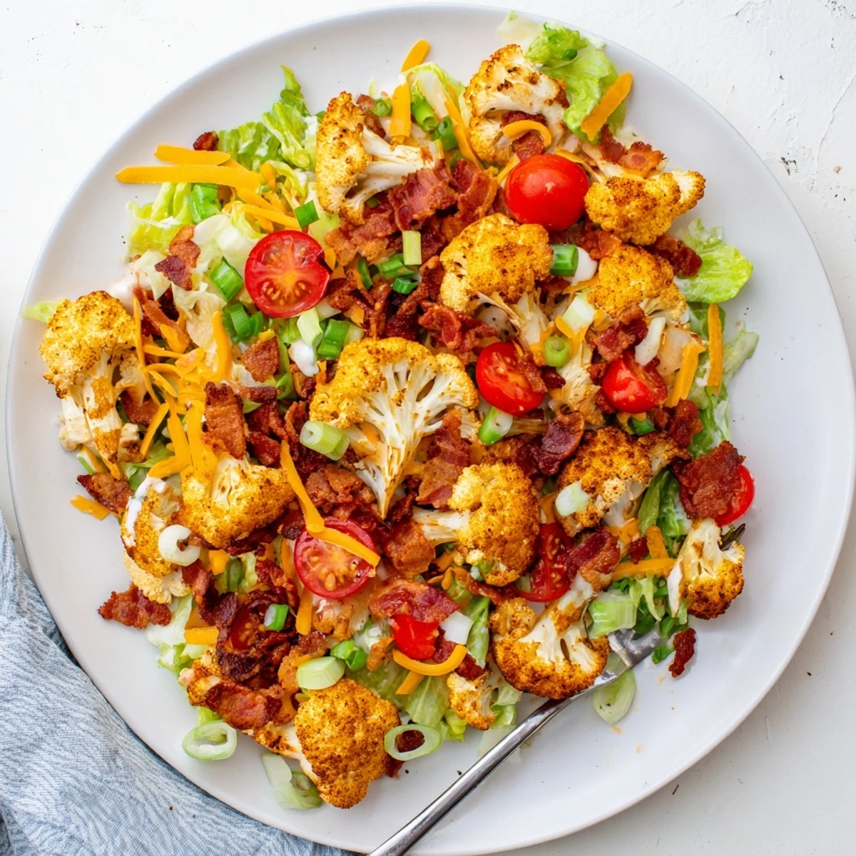 Roasted cauliflower florets and crispy bacon are tossed with juicy cherry tomatoes and romaine in a creamy dressing for this BLT Cauliflower Salad.