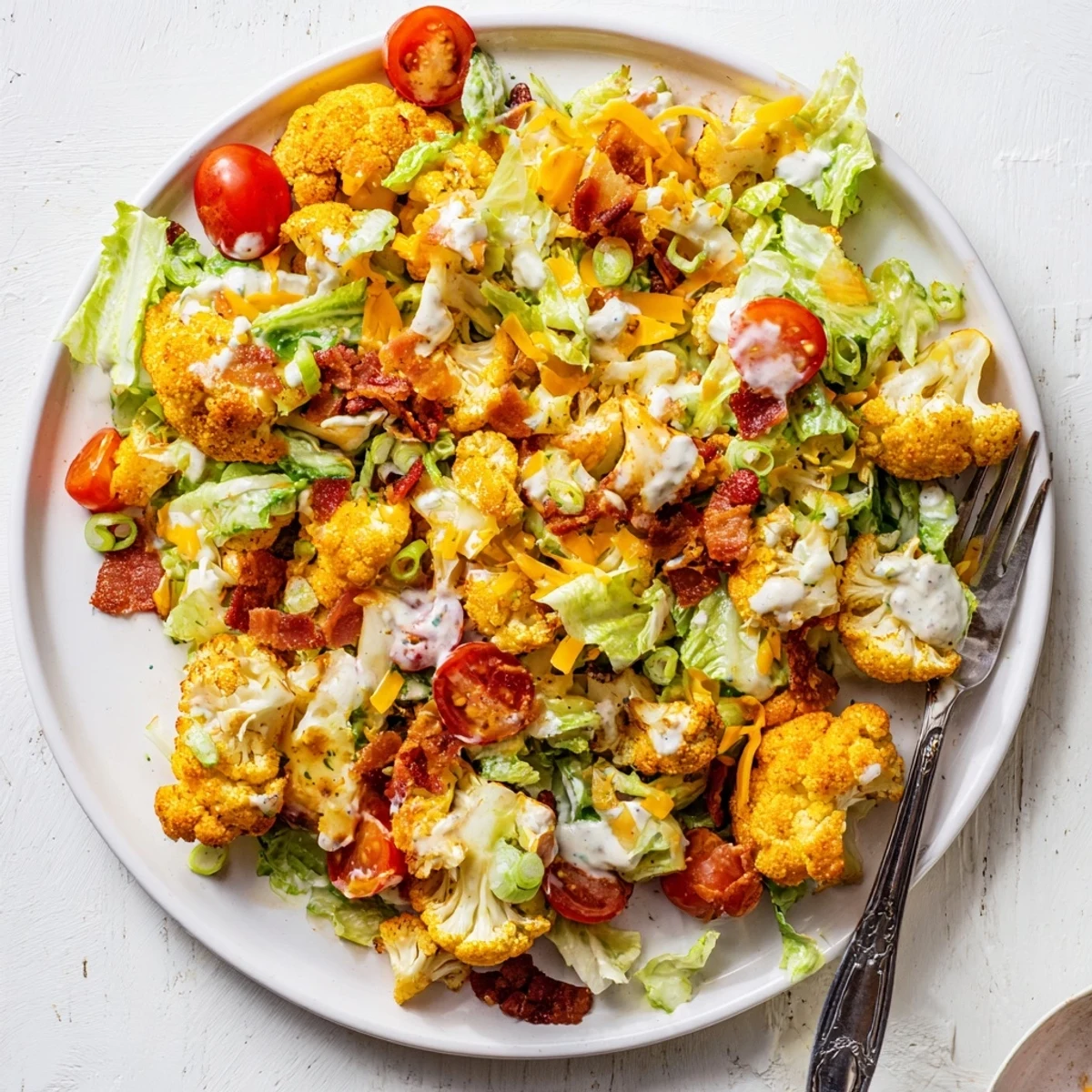 A close-up of BLT Cauliflower Salad shows shredded lettuce, bacon pieces, and tender cauliflower florets glistening with creamy dressing, perfect for a light dinner.