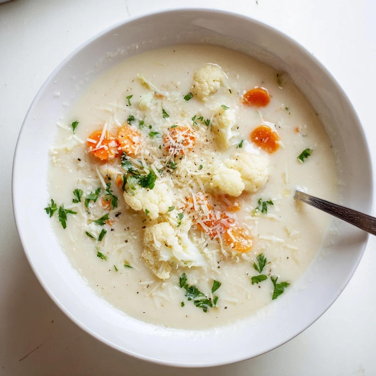 Roasted cauliflower florets and golden garlic bulb next to a pot of Asiago Roasted Garlic Cauliflower Soup.
