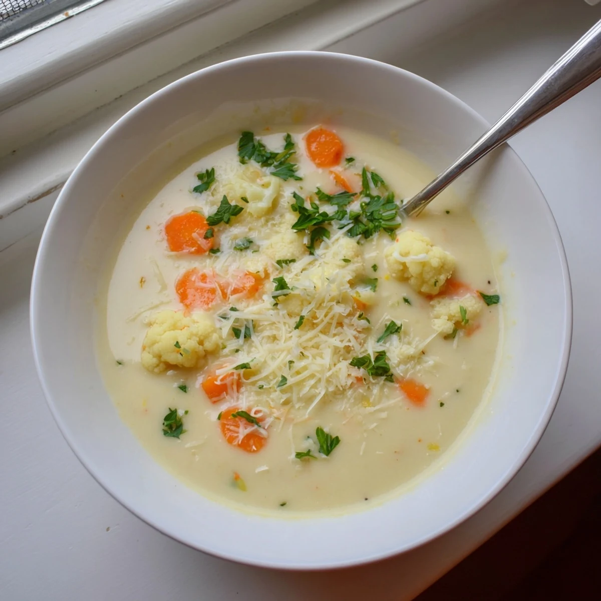 Creamy Asiago Roasted Garlic Cauliflower Soup in a rustic bowl garnished with fresh chives and cheese.