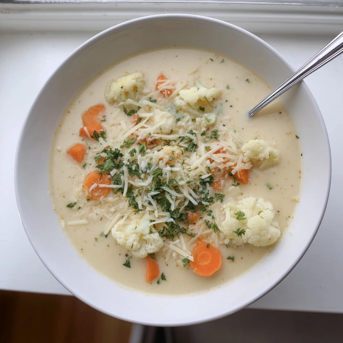 Steamy pot of blended Asiago Roasted Garlic Cauliflower Soup topped with grated Asiago and parsley.