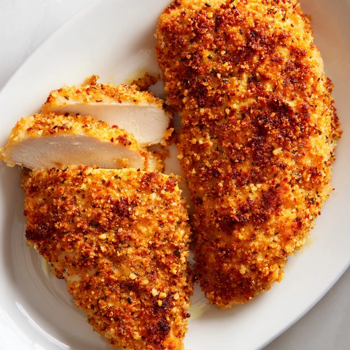 Golden Air Fryer Parmesan Crusted Chicken with crispy edges and a fresh green salad on the side.