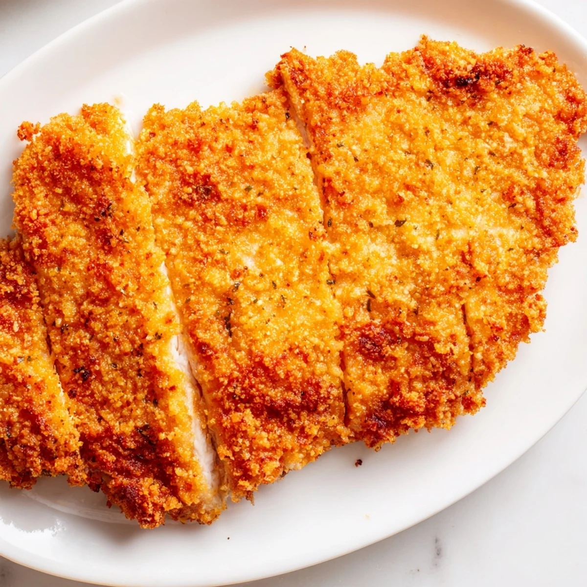 Juicy Air Fryer Parmesan Crusted Chicken cut open to reveal tender meat inside a crunchy crust.