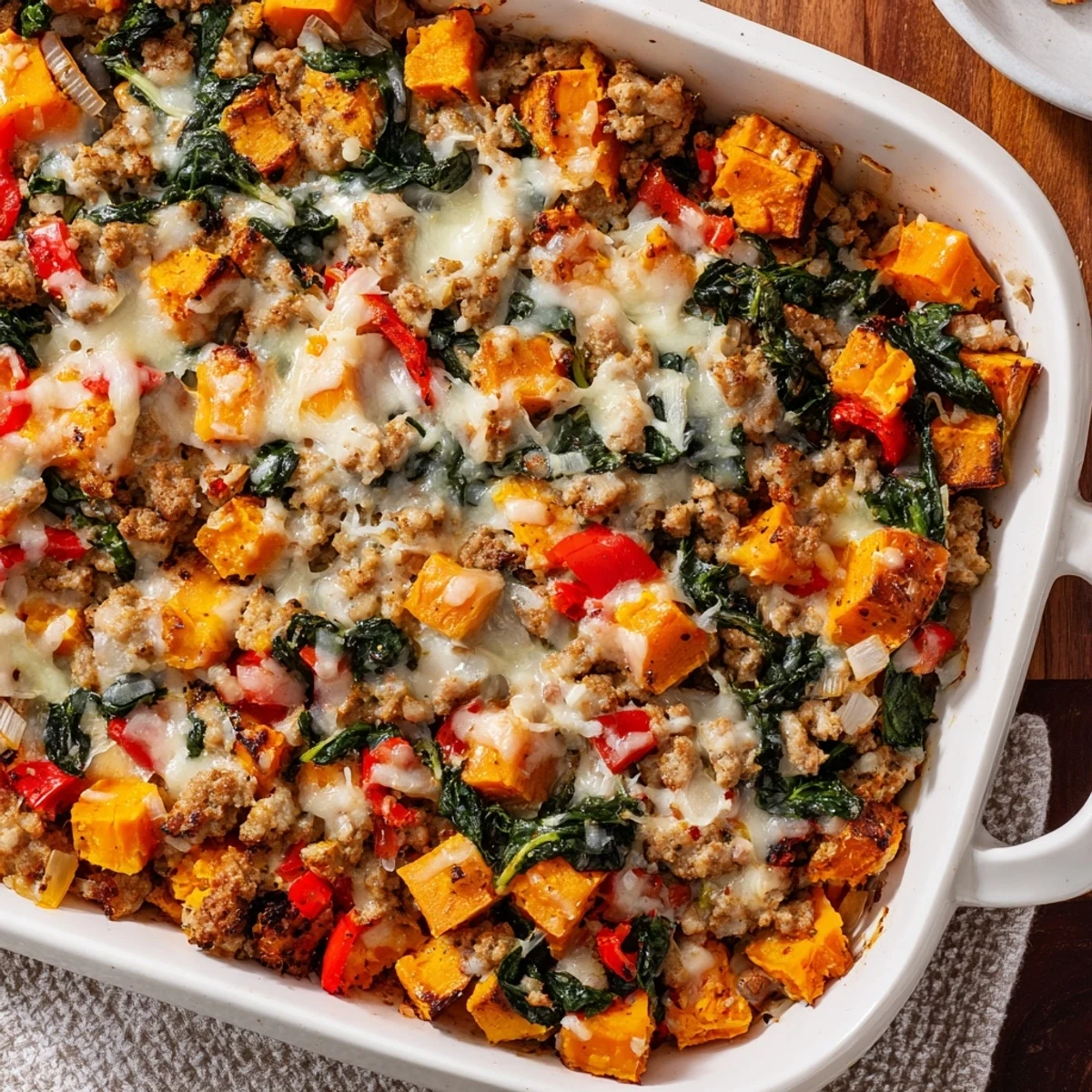 Golden-brown Ground Turkey Sweet Potato Bake with melted cheese topping and vibrant vegetables in a rustic white casserole dish, steaming fresh from the oven.