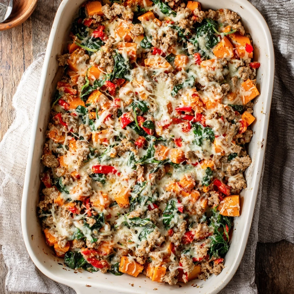 Ground Turkey Sweet Potato Bake bubbling with mozzarella and Parmesan, served hot with a side salad for a wholesome family dinner on a wooden table.