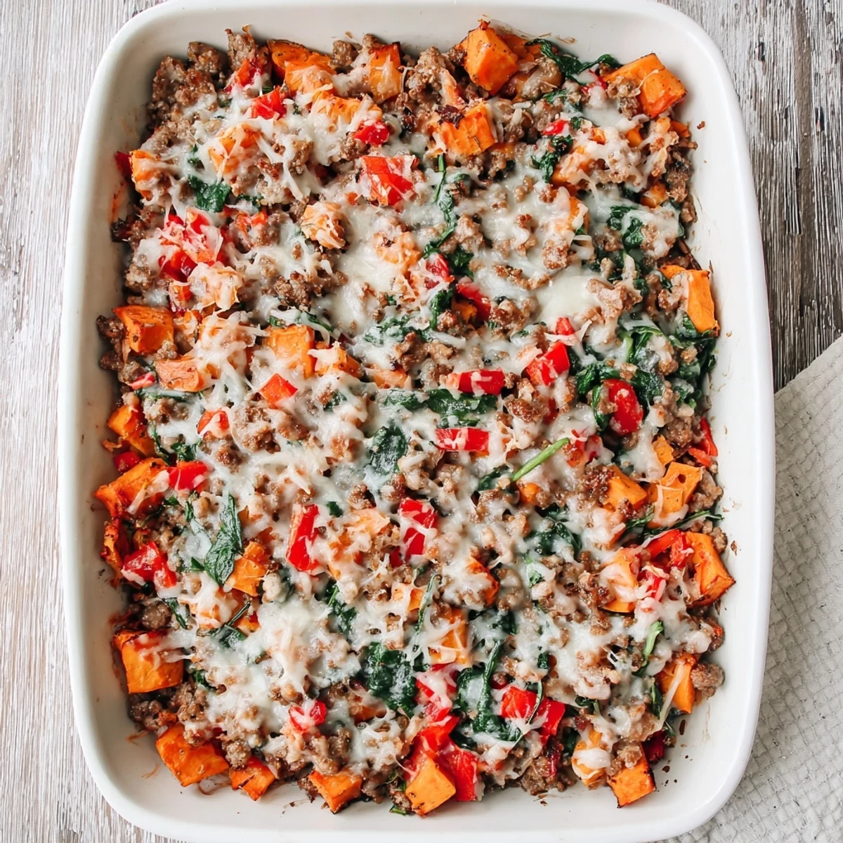 A close-up of the savory Ground Turkey Sweet Potato Bake showing tender sweet potato cubes and ground turkey, ready to be served for an easy weeknight meal.