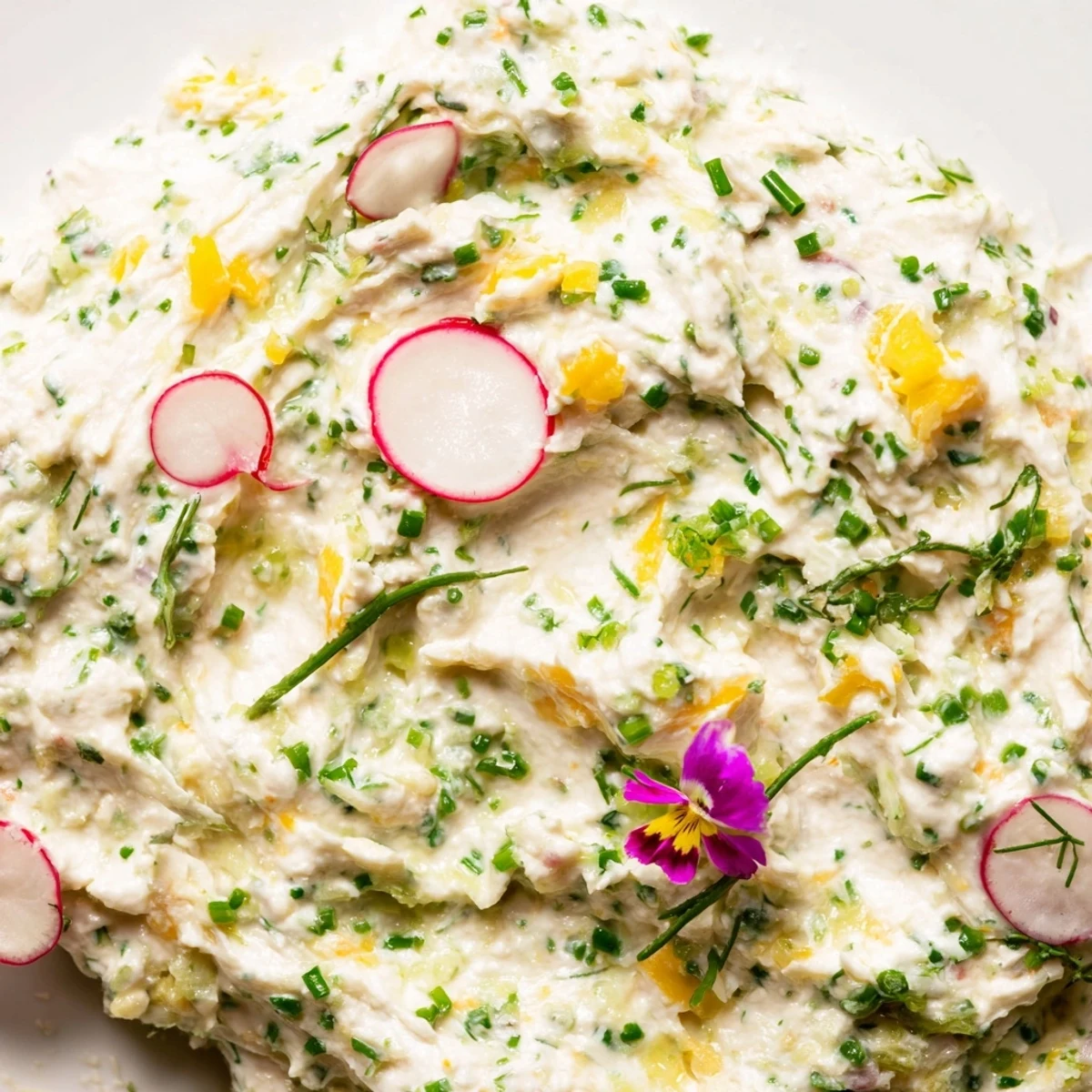 Freshly made Simple Easter Herb Cheese Dip in a white bowl, garnished with chopped chives and dill, served with colorful spring vegetables and crackers.