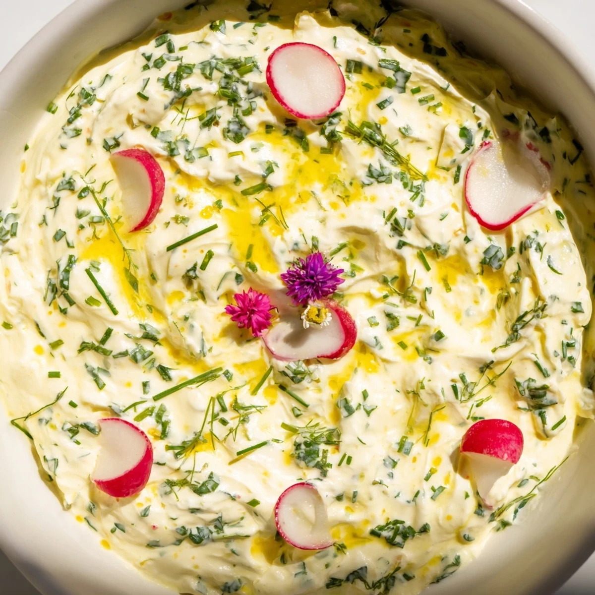 Simple Easter Herb Cheese Dip in a festive bowl, topped with radish slices and edible flowers, ready for an Easter appetizer spread.