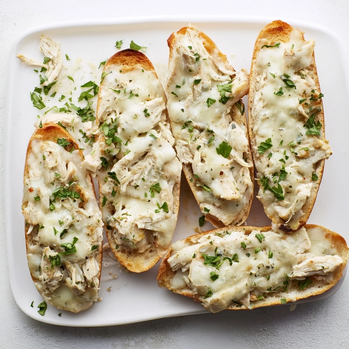 Viral Chicken Alfredo Garlic Bread slices on a plate, featuring a rich sauce and crispy, toasted edges for sharing.