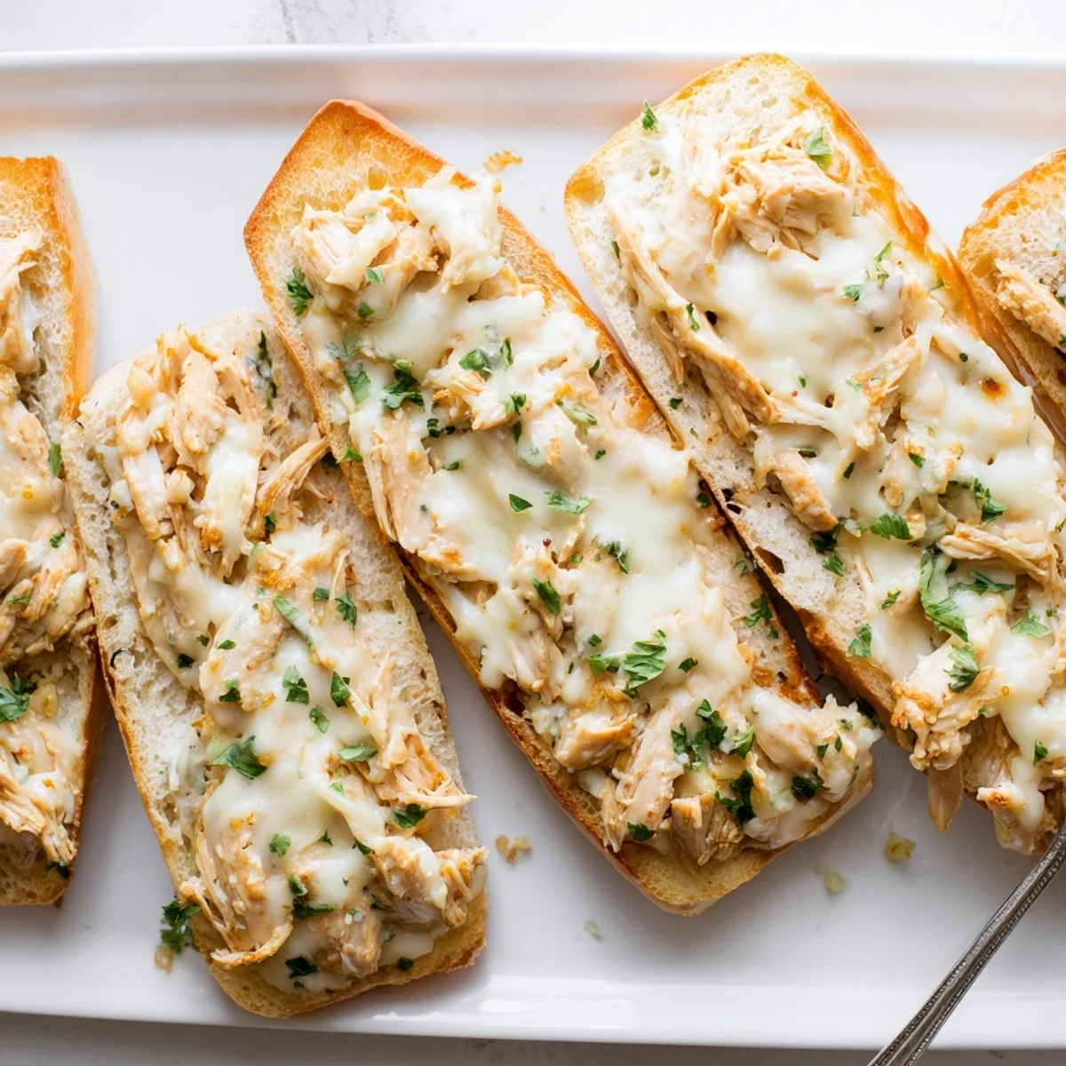 Warm Viral Chicken Alfredo Garlic Bread with melted mozzarella and provolone, served as a comforting main dish for dinner.