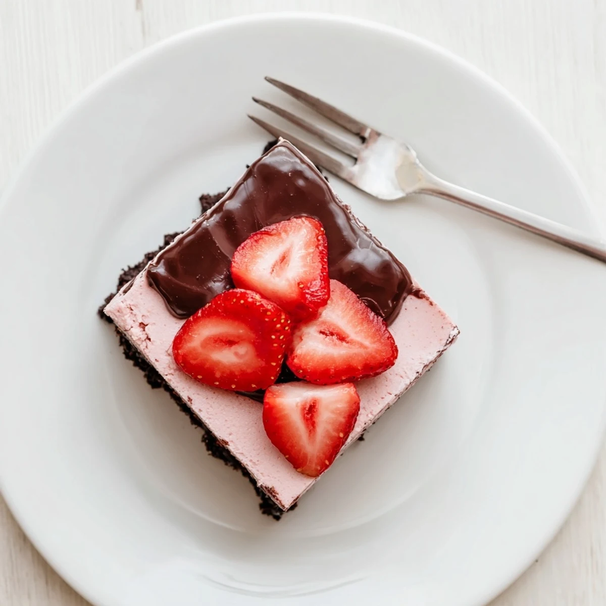 A slice of Chocolate Covered Strawberry Cheesecake sits on a white plate, showcasing the creamy pink filling, dark chocolate ganache, and fresh strawberry halves.