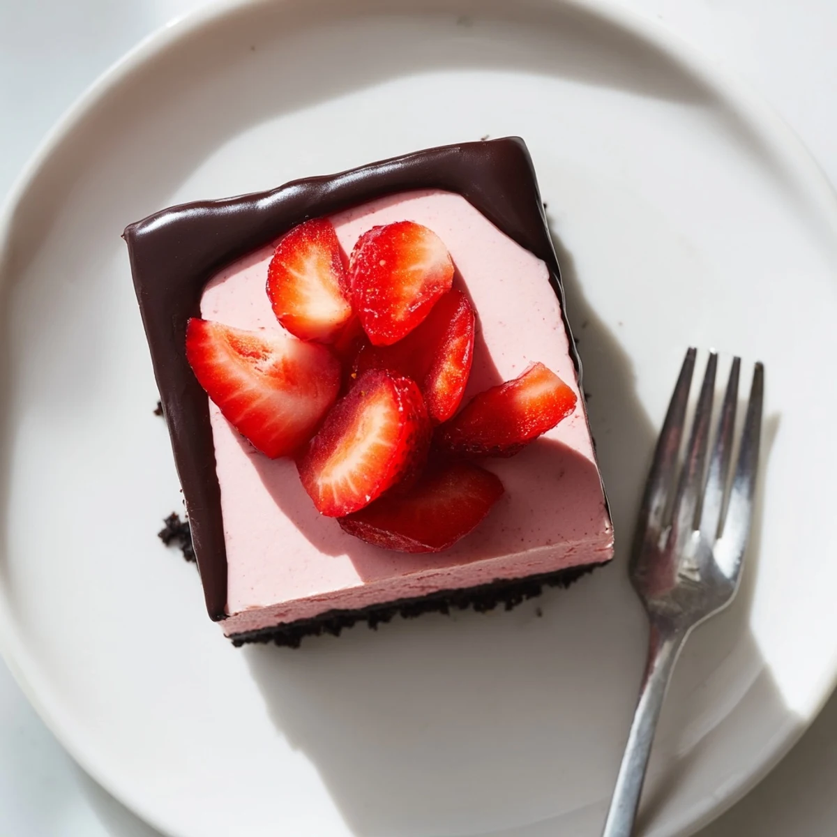 Close-up of Chocolate Covered Strawberry Cheesecake with a rich chocolate cookie crust and drizzled dark chocolate over glossy strawberries.