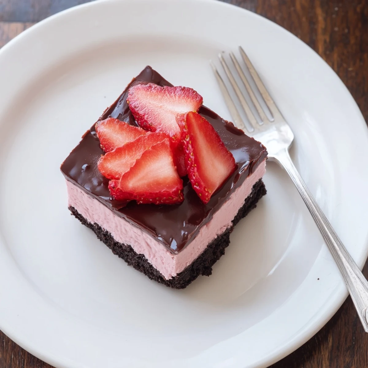 Chocolate Covered Strawberry Cheesecake displayed on a marble counter, featuring a silky strawberry filling topped with decadent ganache and ripe berries.