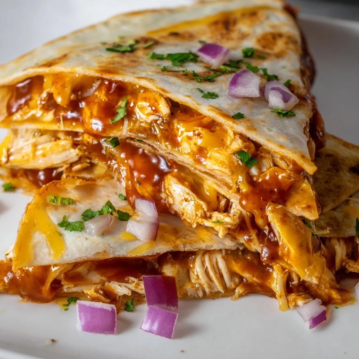 Hot Honey BBQ Chicken Quesadillas served on a plate with lime wedges and sour cream for dipping.