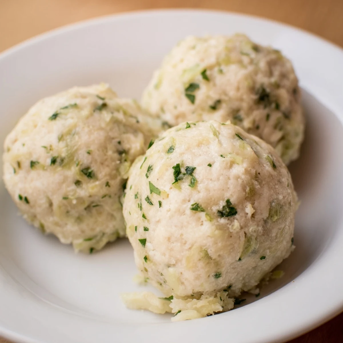 Savory German Cabbage Dumplings sit golden and fluffy after simmering, garnished with fresh parsley and served with buttery noodles.